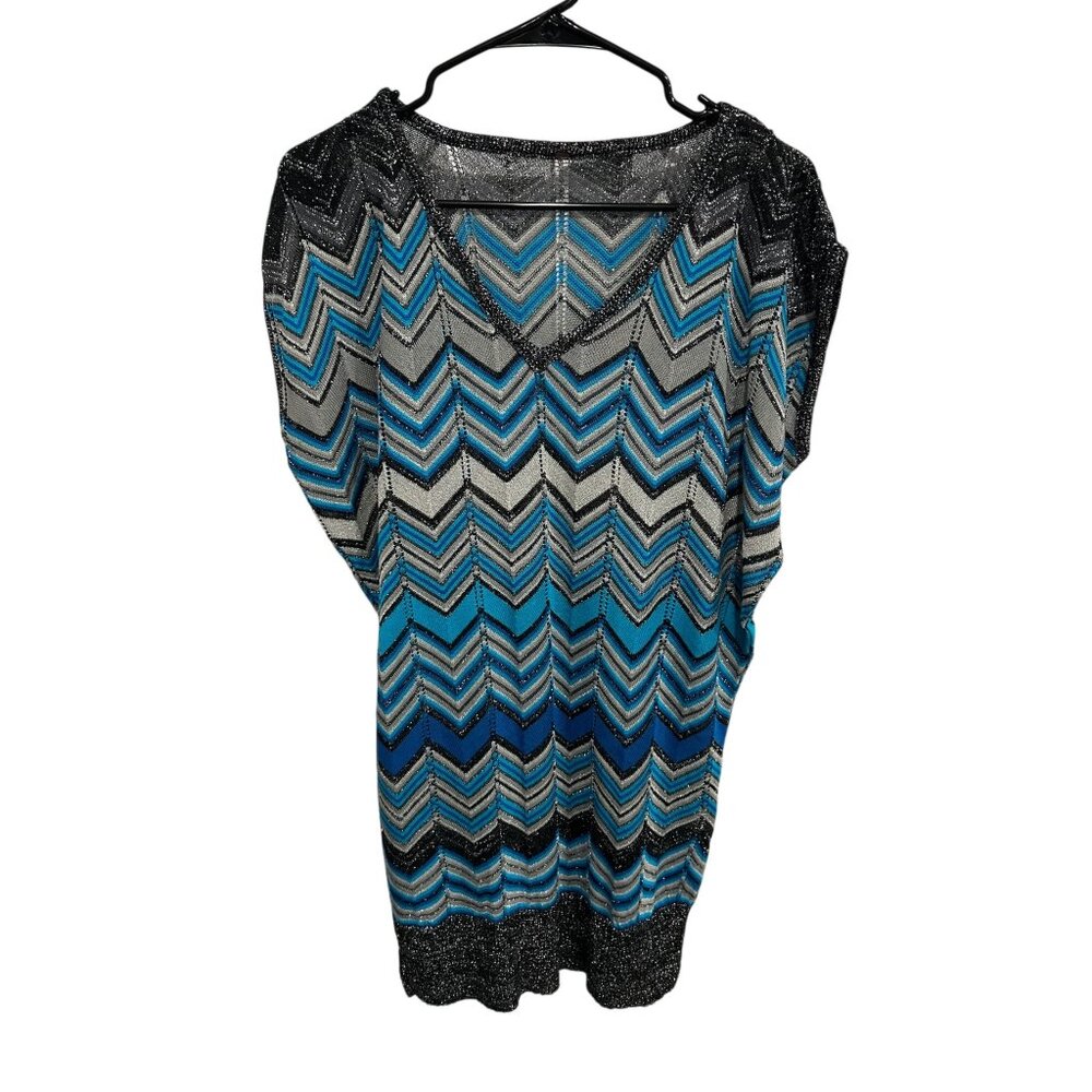 Womens Blue Black Silver Chevron Pattern Knit Tunic Sweater Metallic Sparkle
